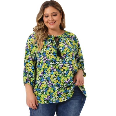Agnes Orinda Women's Plus Size 3/4 Sleeves Self Tie Neck Floral Blouse 10 Agnes Orinda Women's Plus Size 3/4 Sleeves Self Tie Neck Floral Blouse - Image 8