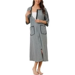 Cheibear Women's Zip Front Robe 3/4 Sleeve Striped Long Bathrobe Dress Pajama -Women Sale Shop GUEST 5685eb54 412a 458c 8b6d ad0271814b50