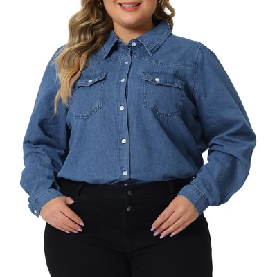 Agnes Orinda Women's Plus Size Denim Long Sleeve Button Down Jean Pockets Shirts 3 Agnes Orinda Women's Plus Size Denim Long Sleeve Button Down Jean Pockets Shirts