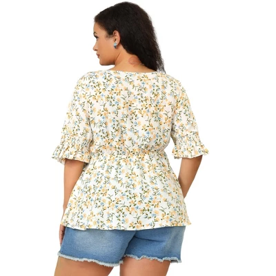 Agnes Orinda Women's Plus Size Floral Ruffle Smock Sleeve V Neck Peplum Blouses 6 Agnes Orinda Women's Plus Size Floral Ruffle Smock Sleeve V Neck Peplum Blouses - Image 4