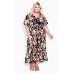 Women's Plus Size Sasha Flutter Sleeve Maxi Dress - Black Palm | AVENUE -Women Sale Shop GUEST 5e3f0281 9bea 4ee3 ab9d 26f17bf07a37