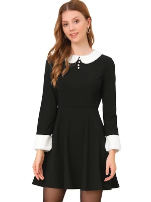 Allegra K Women's Peter Pan Collar Contrast Button Decor Long Sleeve Flare Dress 8 Allegra K Women's Peter Pan Collar Contrast Button Decor Long Sleeve Flare Dress - Image 6