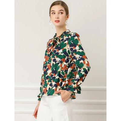 Allegra K Women's Floral Tie V Neck Blouse Chiffon Ruffle Trumpet Sleeve Shirt 5 Allegra K Women's Floral Tie V Neck Blouse Chiffon Ruffle Trumpet Sleeve Shirt - Image 3