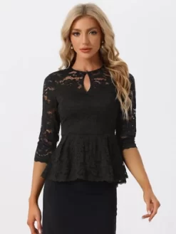 Allegra K Women's Floral Lace Keyhole Front Sheer 3/4 Sleeve Peplum Blouses -Women Sale Shop GUEST 628b2bd6 4382 48a2 a13e c84349be281f