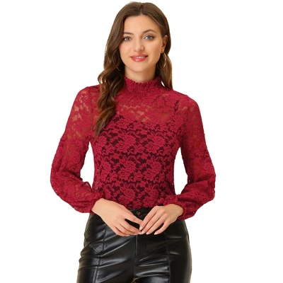 Allegra K Women's See Through Mock Neck Long Sleeve Floral Lace Blouse 12 Allegra K Women's See Through Mock Neck Long Sleeve Floral Lace Blouse - Image 10