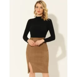 Allegra K Women's Faux Suede High Waist Belted Knee Length Slit Pencil Skirt