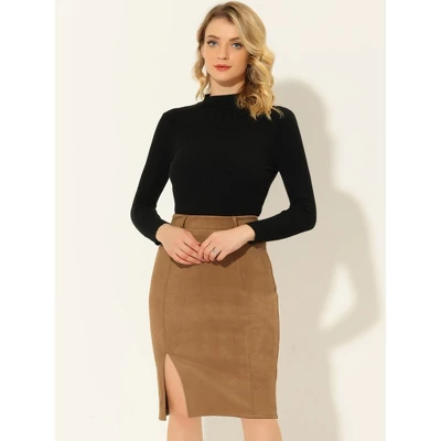 Allegra K Women's Faux Suede High Waist Belted Knee Length Slit Pencil Skirt 3 Allegra K Women's Faux Suede High Waist Belted Knee Length Slit Pencil Skirt