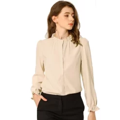 Allegra K Women's Button-Down Work Office Chiffon Ruffled Stand Collar Blouse -Women Sale Shop GUEST 65e40e7d 624c 46af 93fc 1668854d06a0