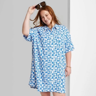 Women's Ascot + Hart Aloha Flowers Checkered Graphic Collared Dress - Blue 8 Women's Ascot + Hart Aloha Flowers Checkered Graphic Collared Dress - Blue - Image 6