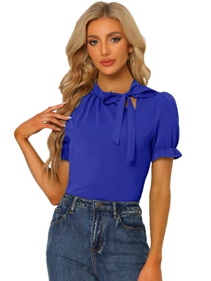 Allegra K Women's Bow Tie Neck Elegant Office Short Sleeve Blouse 20 Allegra K Women's Bow Tie Neck Elegant Office Short Sleeve Blouse - Image 18