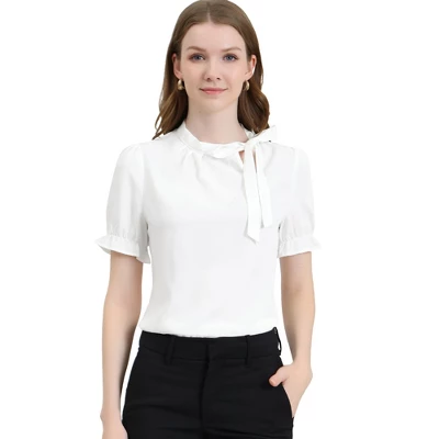 Allegra K Women's Bow Tie Neck Elegant Office Short Sleeve Blouse 15 Allegra K Women's Bow Tie Neck Elegant Office Short Sleeve Blouse - Image 13
