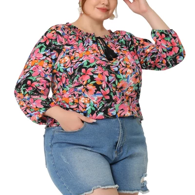 Agnes Orinda Women's Plus Size 3/4 Sleeves Self Tie Neck Floral Blouse 9 Agnes Orinda Women's Plus Size 3/4 Sleeves Self Tie Neck Floral Blouse - Image 7