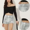 Allegra K Women's Mid Rise Solid Sparkle Sequin Zipper Shorts
