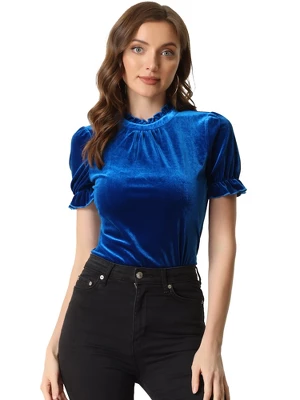 Allegra K Ruffle Collar Shirt For Women's Short Sleeve Velvet Tops Blouse 9 Allegra K Ruffle Collar Shirt For Women's Short Sleeve Velvet Tops Blouse - Image 7