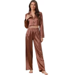Cheibear Womens Satin Crop Button Down Long Sleeve Shirt Pants Loungwear Set -Women Sale Shop GUEST 7434c606 caa1 4a33 9e13 3afcdc7abcbb