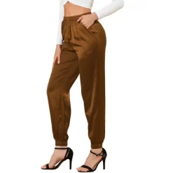 Allegra K Women's Drawstring Elastic Waist Athleisure Pants Ankle Length Satin Joggers With Pocket -Women Sale Shop GUEST 747c9671 f7b7 4f49 aa9c bf19e9c2928d