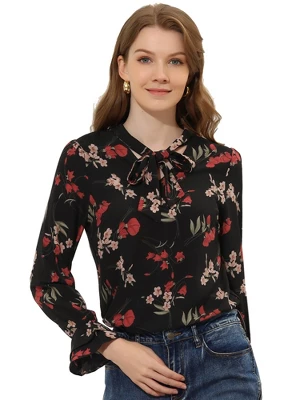 Allegra K Women's Floral Tie V Neck Blouse Chiffon Ruffle Trumpet Sleeve Shirt 12 Allegra K Women's Floral Tie V Neck Blouse Chiffon Ruffle Trumpet Sleeve Shirt - Image 10