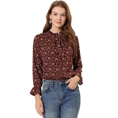 Allegra K Women's Vintage Floral Tie Neck Long Sleeve Ruffled Collar Peasant Blouse 10 Allegra K Women's Vintage Floral Tie Neck Long Sleeve Ruffled Collar Peasant Blouse - Image 8