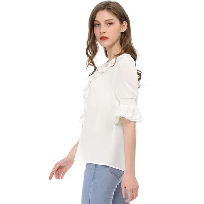 Allegra K Women's Ruffle V Neck Puff Sleeve Summer Casual Chiffon Peasant Blouse 5 Allegra K Women's Ruffle V Neck Puff Sleeve Summer Casual Chiffon Peasant Blouse - Image 3