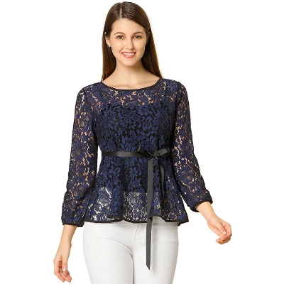 Allegra K Women's Semi-Sheer Elegant Tie Waist Long Sleeve Top Floral Lace Peplum Blouses 11 Allegra K Women's Semi-Sheer Elegant Tie Waist Long Sleeve Top Floral Lace Peplum Blouses - Image 9
