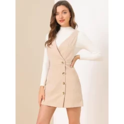 Allegra K Women's Corduroy Mini V Neck Vintage A-Line Bib Overall Pinafore Skirts