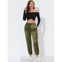 Cheibear Womens Satin Bottoms Lounge Trousers With Pocket Joggers Ankle Pants