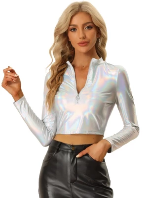Allegra K Women's Party Long Sleeve Zip Up Metallic Crop Blouses 8 Allegra K Women's Party Long Sleeve Zip Up Metallic Crop Blouses - Image 6