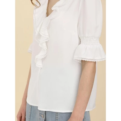 Allegra K Women's Ruffle V Neck Puff Sleeve Summer Casual Chiffon Peasant Blouse 7 Allegra K Women's Ruffle V Neck Puff Sleeve Summer Casual Chiffon Peasant Blouse - Image 5