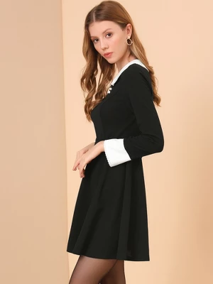 Allegra K Women's Peter Pan Collar Contrast Button Decor Long Sleeve Flare Dress 5 Allegra K Women's Peter Pan Collar Contrast Button Decor Long Sleeve Flare Dress - Image 3