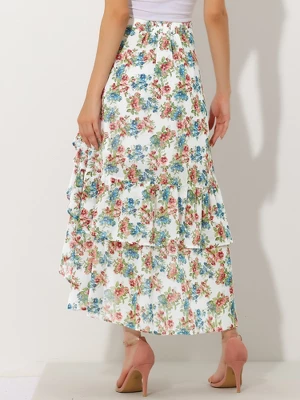 Allegra K Women's Floral Ruffle Skirt Wrap Tiered Asymmetrical Chiffon Skirts 4 Allegra K Women's Floral Ruffle Skirt Wrap Tiered Asymmetrical Chiffon Skirts - Image 2