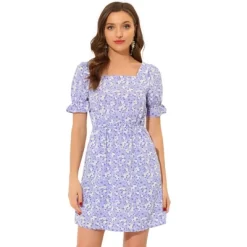 Allegra K Women's Causal Square Neck Elastic Waist Pocket Mini Floral Puff Sleeve Dress -Women Sale Shop GUEST 8b94cfea 1919 4c7e a083 085a980d1553
