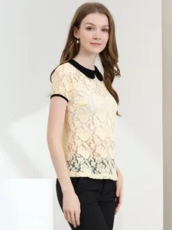 Allegra K Women's Contrast Peter Pan Collar Blouse Short Sleeve Sheer Lace Top -Women Sale Shop GUEST 8cafd9b0 b550 4faf 98cb 589c367626ab