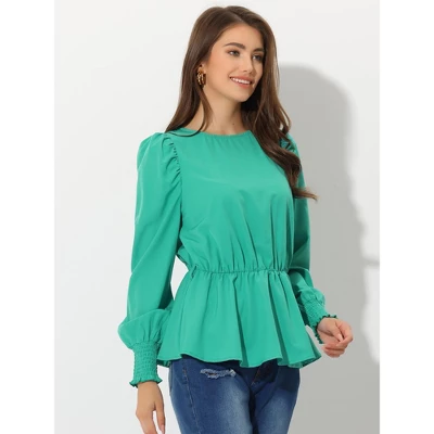 Allegra K Women's Dressy Belt Tie Waist Puff Long Sleeve Work Peplum Blouse 4 Allegra K Women's Dressy Belt Tie Waist Puff Long Sleeve Work Peplum Blouse - Image 2