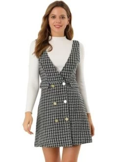 Allegra K Women's Elegant Vintage Button Front V Neck Plaid Tweed Overalls Pinafore Skirts -Women Sale Shop GUEST 9171686f 57ee 4b56 8aae c423820a381b