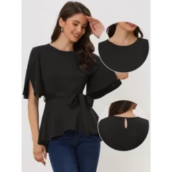 Allegra K Women's Split Half Sleeve Crew Neck Belted Casual Peplum Blouses