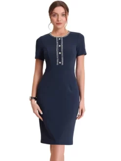 Allegra K Women's Work Business Round Neck Tweed Trim Short Sleeve Sheath Dress -Women Sale Shop GUEST 93af8dc7 a793 43d0 b39c fc6be2035bc4