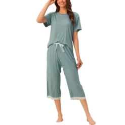 Cheibear Women's Modal Loose Summer Lace Trim Short Sleeve Carpri Pajama Set -Women Sale Shop GUEST 94533177 6d05 4eb4 a323 e74f1e65999b