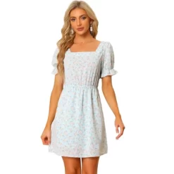 Allegra K Women's Causal Square Neck Elastic Waist Pocket Mini Floral Puff Sleeve Dress -Women Sale Shop GUEST 99535f2a c75f 435e 8524 374f50301792