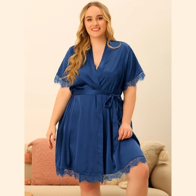 Agnes Orinda Women's Plus Size Satin Side Pocket Lace Trim Pajamas Robes 4 Agnes Orinda Women's Plus Size Satin Side Pocket Lace Trim Pajamas Robes - Image 2