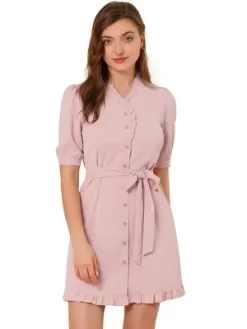 Allegra K Women's Button Down Ruffle Neck Tie Waist Belted Shirt Dress -Women Sale Shop GUEST a0b93776 c5b3 44a4 9603 909630d250c4