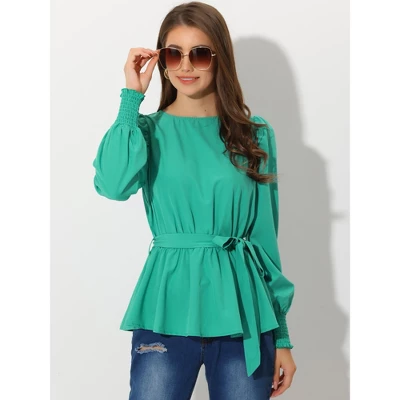 Allegra K Women's Dressy Belt Tie Waist Puff Long Sleeve Work Peplum Blouse 3 Allegra K Women's Dressy Belt Tie Waist Puff Long Sleeve Work Peplum Blouse