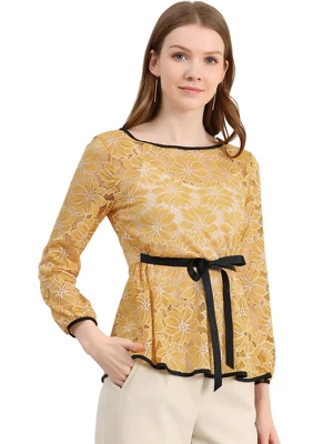 Allegra K Women's Semi-Sheer Elegant Tie Waist Long Sleeve Top Floral Lace Peplum Blouses 12 Allegra K Women's Semi-Sheer Elegant Tie Waist Long Sleeve Top Floral Lace Peplum Blouses - Image 10