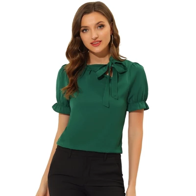 Allegra K Women's Bow Tie Neck Elegant Office Short Sleeve Blouse 16 Allegra K Women's Bow Tie Neck Elegant Office Short Sleeve Blouse - Image 14