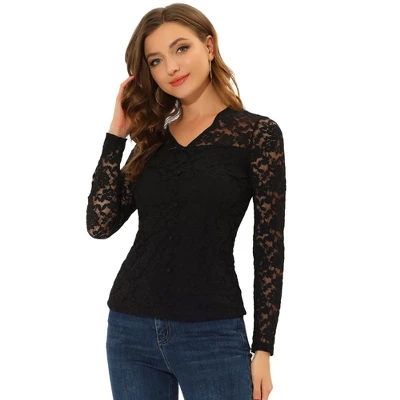 Allegra K Women's Lace Top V Neck Floral Embroidery Long Sleeve Sheer Blouse 7 Allegra K Women's Lace Top V Neck Floral Embroidery Long Sleeve Sheer Blouse - Image 5