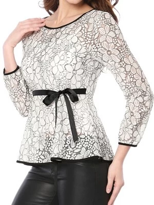 Allegra K Women's Semi-Sheer Elegant Tie Waist Long Sleeve Top Floral Lace Peplum Blouses 8 Allegra K Women's Semi-Sheer Elegant Tie Waist Long Sleeve Top Floral Lace Peplum Blouses - Image 6