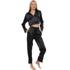 Women's Crop Top Satin Pajamas Lounge Set, Long Sleeve Top And Pants With Pockets, Silk Like PJs -Women Sale Shop GUEST adda22a8 4a35 4a3e 9aeb 9d75f4574273