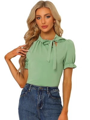 Allegra K Women's Bow Tie Neck Elegant Office Short Sleeve Blouse 22 Allegra K Women's Bow Tie Neck Elegant Office Short Sleeve Blouse - Image 20