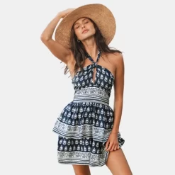 Women's Abstract Leaf Print Cutout Halter Dress - Cupshe