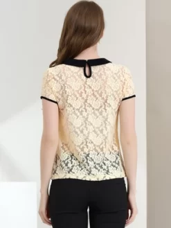 Allegra K Women's Contrast Peter Pan Collar Blouse Short Sleeve Sheer Lace Top -Women Sale Shop GUEST aea4eec0 b74f 4a14 b64a 8b04cc306167