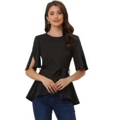 Allegra K Women's Split Half Sleeve Crew Neck Belted Casual Peplum Blouses -Women Sale Shop GUEST af6a66bd 20ed 4dd6 953d 3aa5018fba22